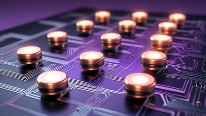 Rare Earth Mining Technology, glowing copper-colored neodymium magnet cores levitate above intricate purple circuit board traces in a futuristic close-up