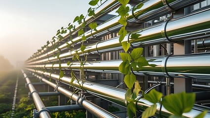 Rare Earth Mining Technology, chrome pipelines integrated with carbon capture modules entwined by green vines in a solvent-extraction facility at sunrise.