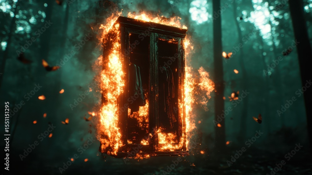 Poster an enigmatic wardrobe engulfed in flames, floating in a dense forest, creating an intriguing and sur
