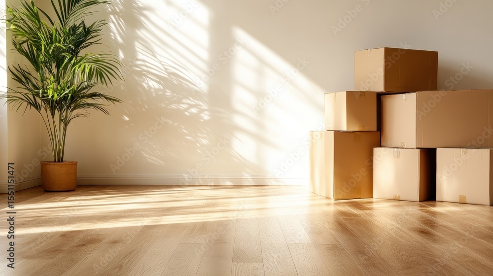 Poster a warm, inviting room illuminated by sunlight, featuring neatly stacked boxes that symbolize organiz