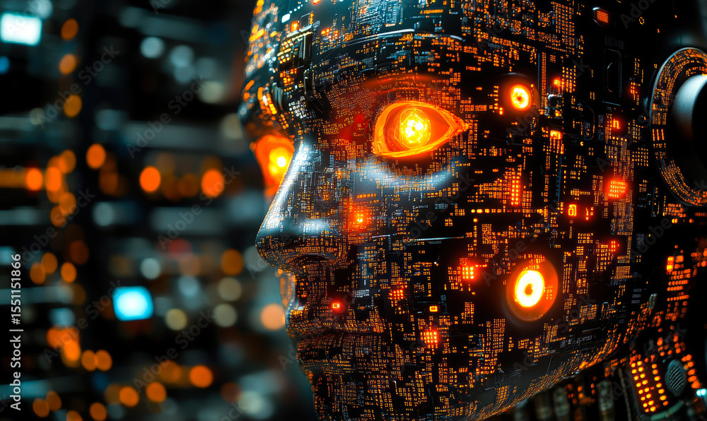Poster futuristic robotic face with glowing circuitry and orange luminous eyes symbolizing artificial intel