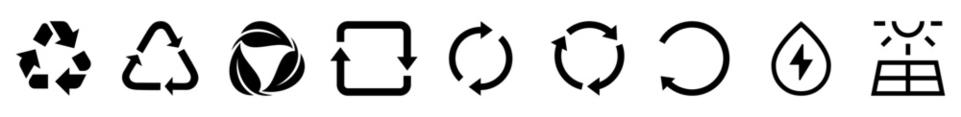Black outline and glyph icons of recycle arrows, renewable energy, solar panel, and eco-friendly symbols. Perfect for sustainability, energy, and environment-themed designs.