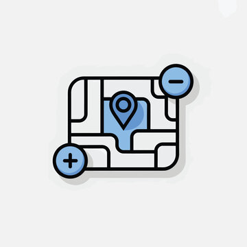 Simple Blue and White Map Icon with Plus and Minus Symbols for Zoom Functionality Location Pinpoint Navigation App Interface Design Element