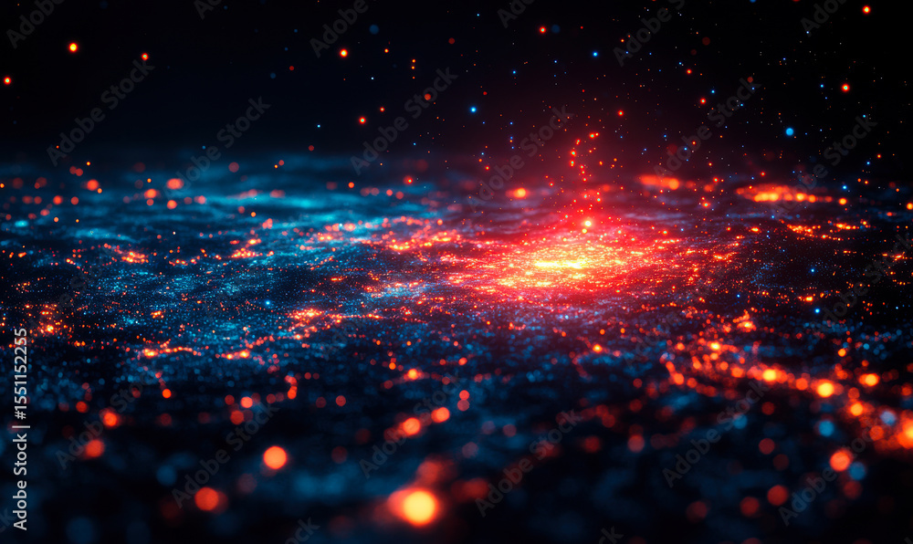 Poster abstract glowing particles in blue and red light creating a dynamic digital wave pattern with bright