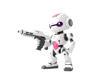 A pink ai robot holding toy gun
