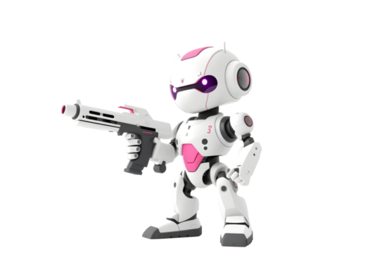 A pink ai robot holding toy gun