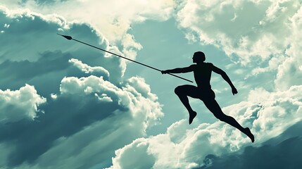 Silhouette of a Javelin Thrower Leaping Through the Clouds