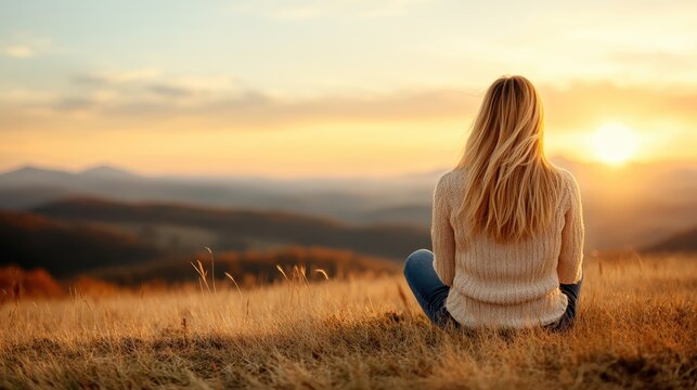 A serene woman sits peacefully on a grassy hill, looking towards a breathtaking sunset, embodying tranquility and mindfulness, as she connects with nature's beauty and calm.