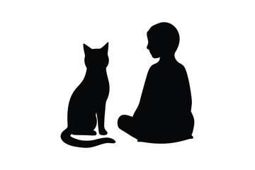 Silhouette art illustration of a person and cat sitting together.eps