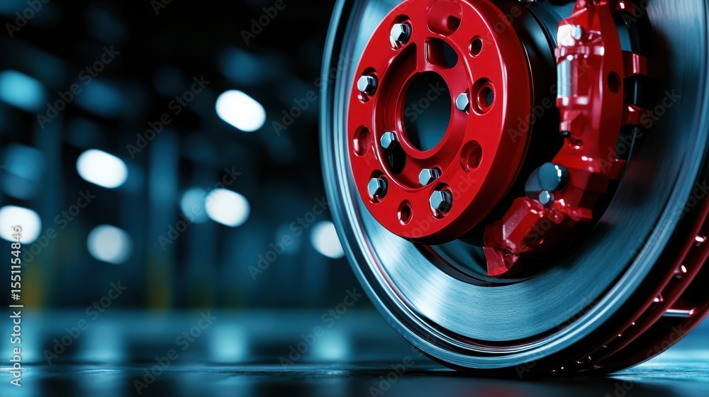 Poster a detailed close-up shot of a red racing brake disc highlights its intricate design and performance 