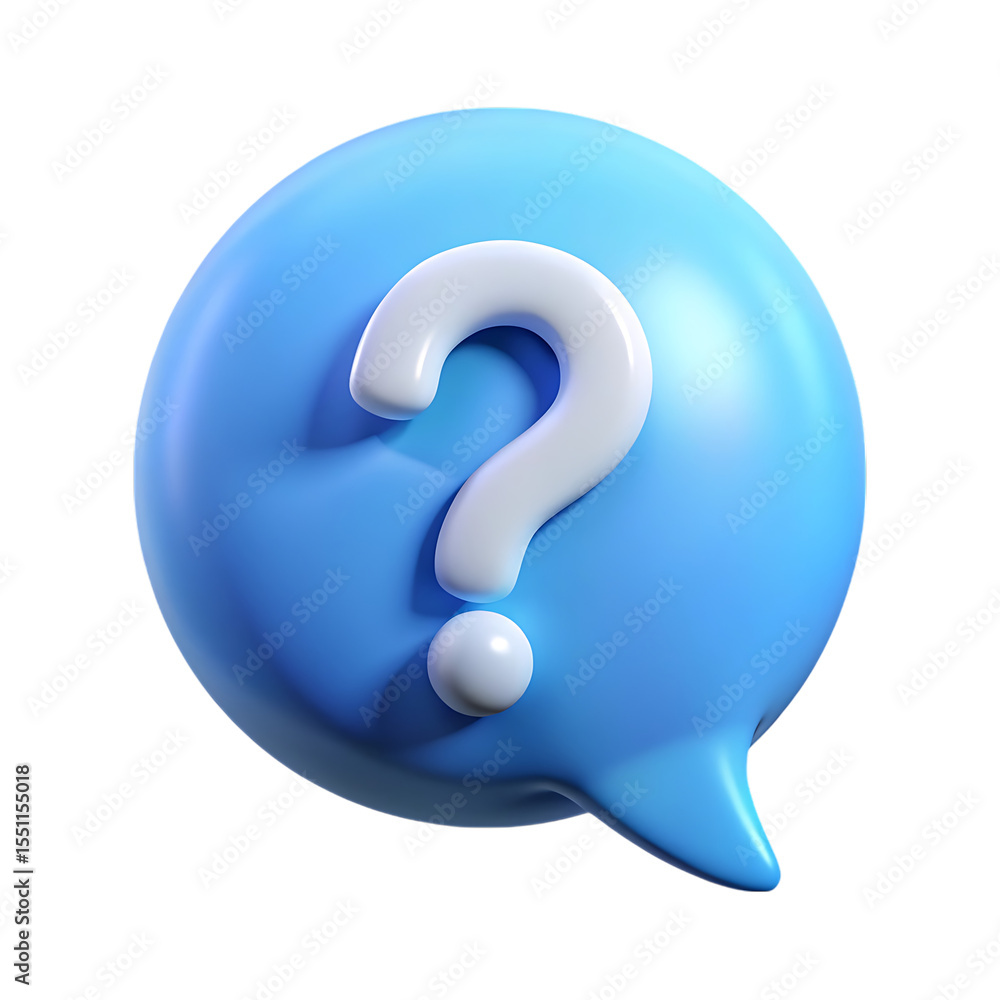 Poster 3d rendered question mark symbol within a blue speech bubble on a black background for conceptual de