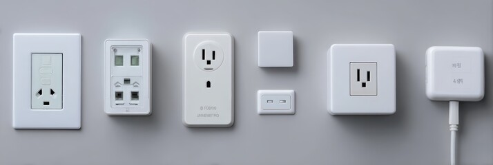 Seven minimalist white electrical outlets and adapters arranged on a grey wall