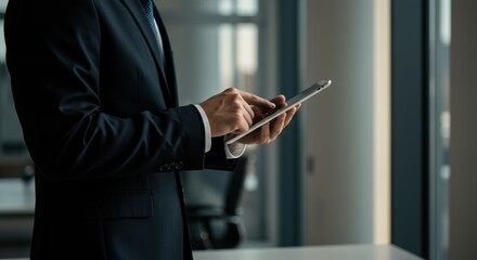 Executive in dark suit using tablet by bright window, modern business detail.