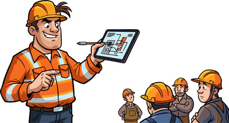 Fototapeta premium Construction Worker Demonstrating Project Plan to Colleagues