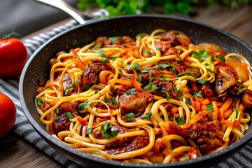 Pasta Linguine with Savory Mushroom and Vegetable Sauce in Rustic Pan