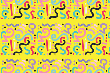 Seamless vector pattern with colorful abstract doodle shapes on a bright yellow background. Fun, playful design ideal for wrapping paper, fabric, wallpaper, and creative projects.