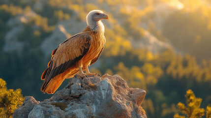 griffon vulture perched on high cliff scanning the landscape under bright daylight, wild bird of prey in natural habitat