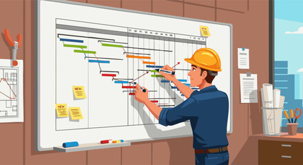 Construction Worker Updating Gantt Chart on Whiteboard