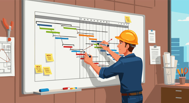 Construction Worker Updating Gantt Chart on Whiteboard
