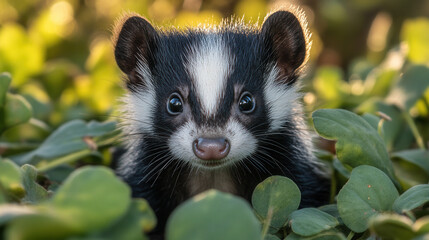 little skunk with fluffy fur resting in vibrant green grass on a sunny day, natural outdoor setting