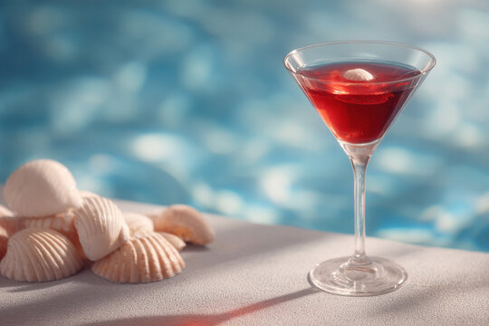 refreshing cocktail named sea joy placed beside crystalclear pool adorned with seashells