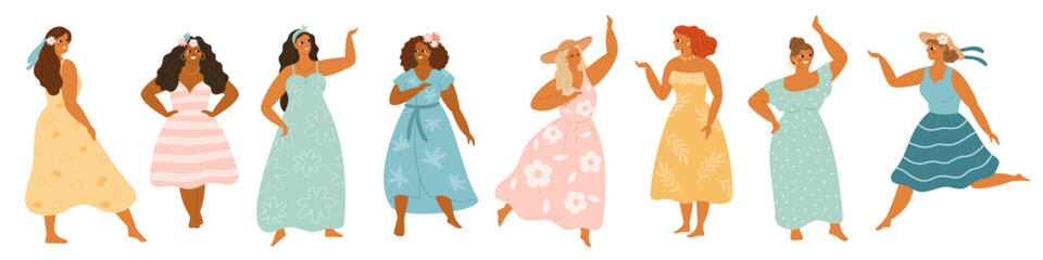 Summer body positive women. International beautiful fat girls in light patterned dresses and sundresses, straw hats, female figures, flowers in hair, garish vector cartoon flat set