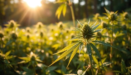 Obraz premium Sunlit Cannabis Field at Golden Hour