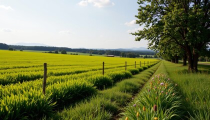 Obraz premium the image captures a serene landscape featuring a vibrant field of yellow, likely a crop, stretching toward a horizon dotted with