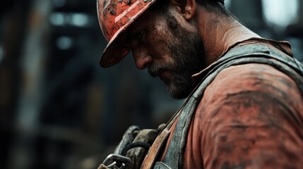 A rugged construction worker, covered in dirt and showing determination, exemplifies hard work and dedication, capturing the essence of labor in gritty environments.