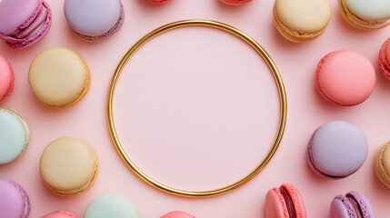Colorful macarons arranged on pink background with golden circle copy space - dessert mockup 