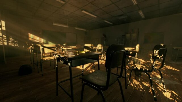 Dust motes dance in the sunlight filtering through windows of an old, abandoned classroom. Desks and chairs remain, remnants of once active learning, echoing memories of the past.