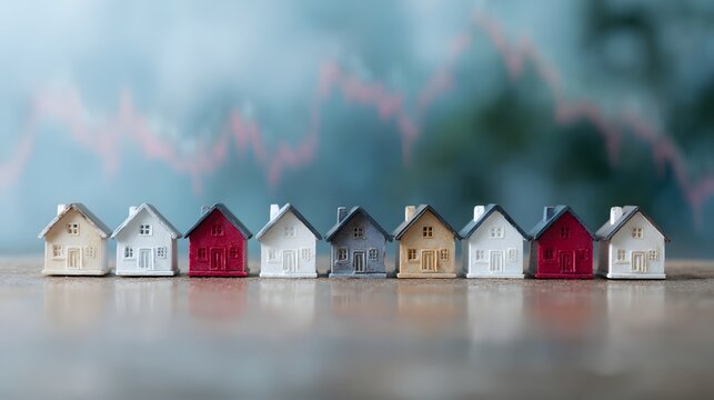 Miniature houses with fluctuating market lines behind