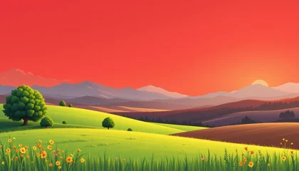 Gardinen the image depicts a vibrant, colorful landscape at sunrise or sunset, with rolling green hills in the foreground dotted with trees © panyawatt