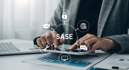 Business person analyzing sase on a tablet with related security icons displayed