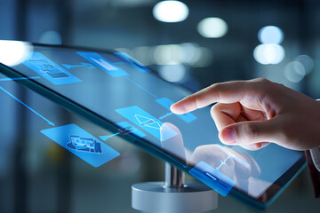 Hand Interacting with Futuristic Transparent Tablet Displaying Digital Workflow and Data Analysis.