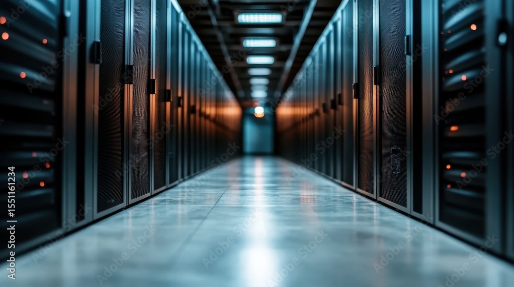 Poster an impressive view of a modern data center featuring rows of high-tech servers, illustrating the bac