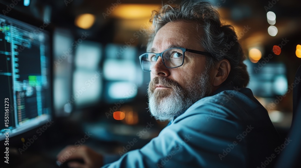 Poster a man with a thoughtful expression focuses on multiple screens filled with engaging code, capturing 