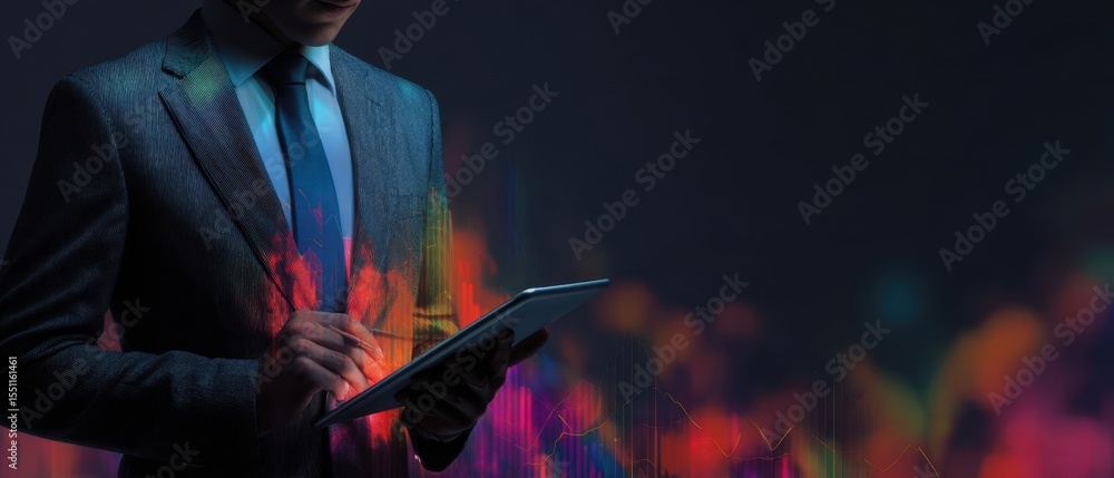 Aufkleber the businessman analyzing data on a digital tablet in a vibrant abstract setting.