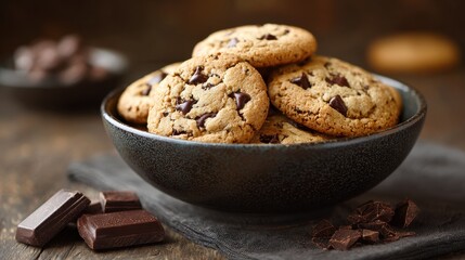 A 4K photo of bowl of chocolate chip cookies on a table.