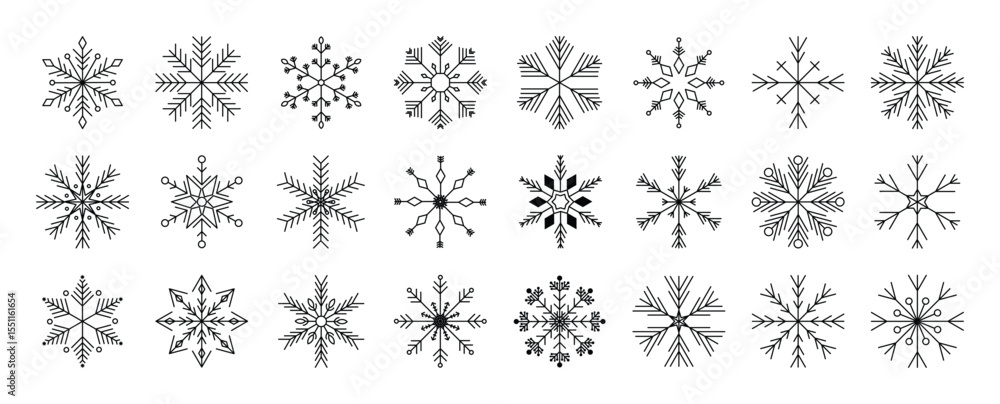 Poster set of snowflakes linear vector icon. geometric snowflake shape, nature and winter related vector sy