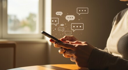 Sunlit phone communication: Woman texting with speech bubble graphic near window.