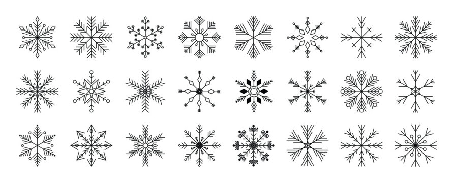 Set of snowflakes linear vector icon. Geometric snowflake shape, nature and winter related vector symbol hand drawn contour collection. Design for logo, sticker, christmas, icon. 