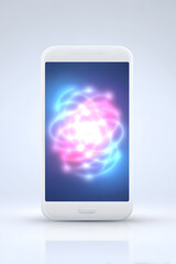 Smartphone with glowing bright interface, white model. White smartphone with a glowing blue bokeh screen. Clean, futuristic look isolated on light background.
