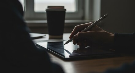 Tablet Sketching: Hands with Stylus, Dark Window, Coffee Cup.