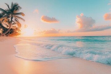 A picturesque beach with fine white sand, palm trees swaying in the breeze, and crystal-clear turquoise water, complemented by a stunning sunset sky with hues of orange and pink