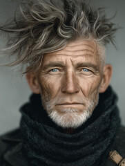 Intense portrait of a weathered individual with piercing blue eyes and windswept grey hair, showcasing strength and character.