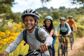 Obraz premium A family of various ages and backgrounds participating in a fun outdoor activity, such as hiking or cycling, with smiles and energetic interactions, illustrating the active
