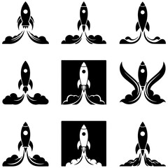 A vector set illustrating the immense kinetic thrust of a rocket achieving escape velocity