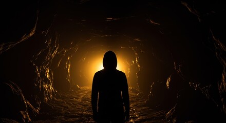 Dark Cave Silhouette: Person Emerging from Glowing Tunnel.