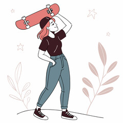 Skateboarder with her board, an illustration embodying youth and urban style
